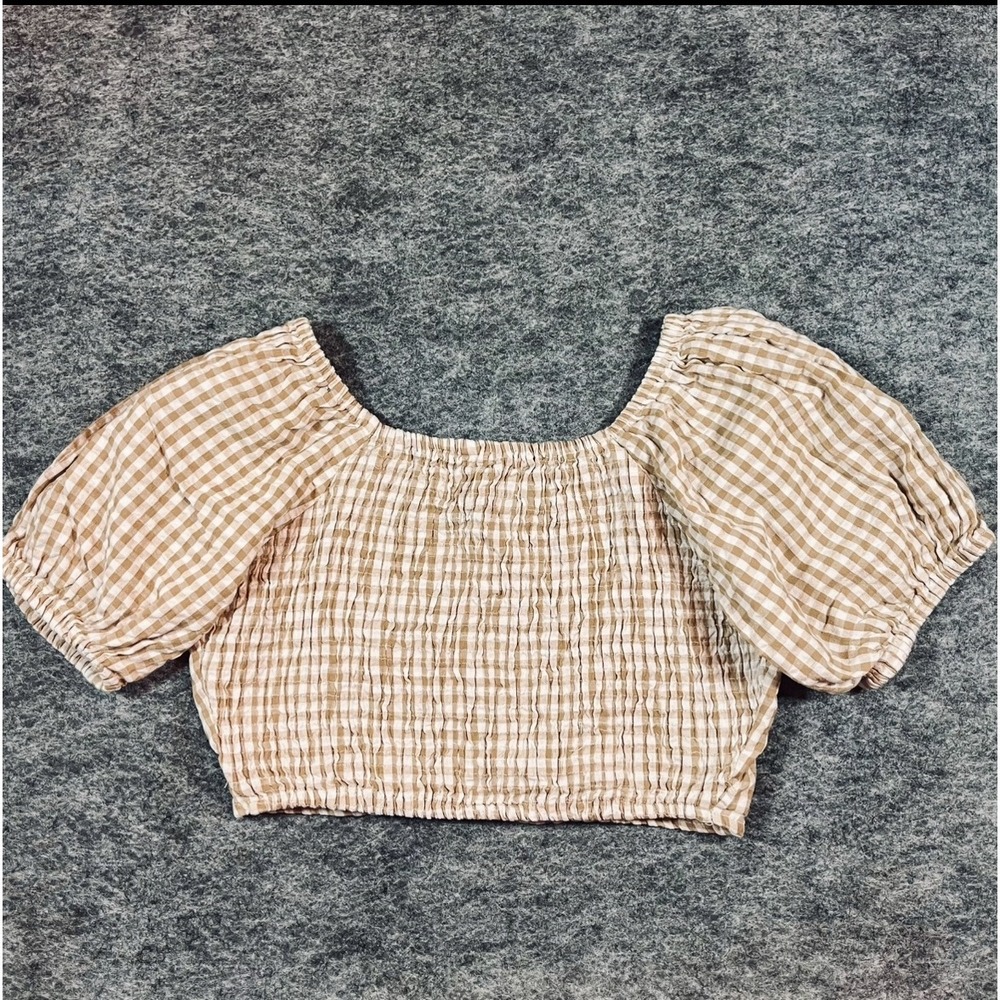Sim & Sam Crop Top Womens M Tan Gingham Smocked Boho Puff Sleeve Cottagecore - Picture 3 of 10